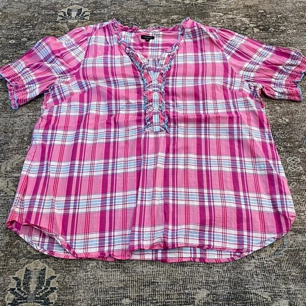 Talbots XL Pink Plaid Popover Blouse Ruffle V-Neck Smocked Sleeve Cotton Top